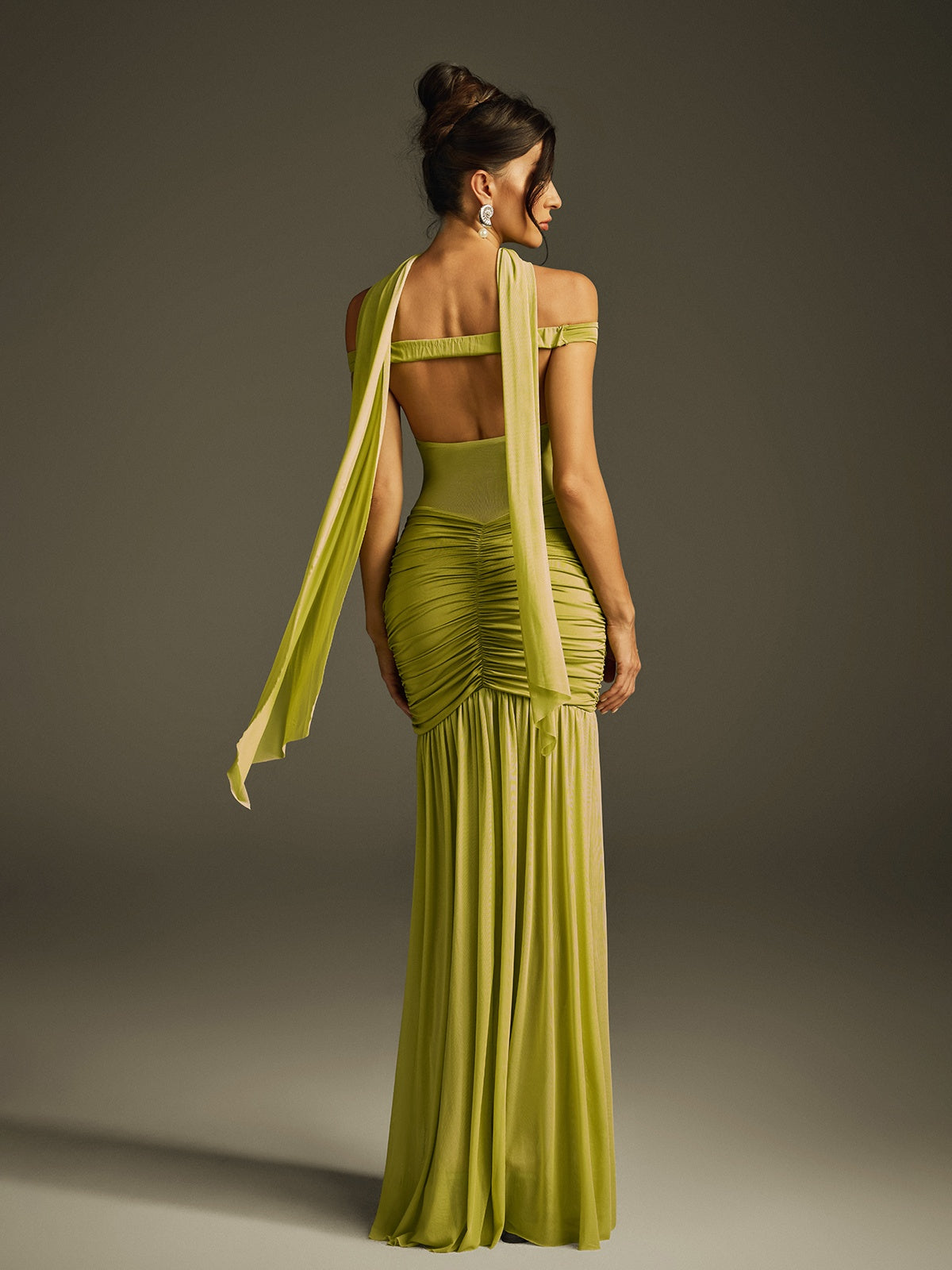 Off Shoulder Sweetheart Sheer Mesh Corset Panel Ruched Scarf High Slit Maxi Gown