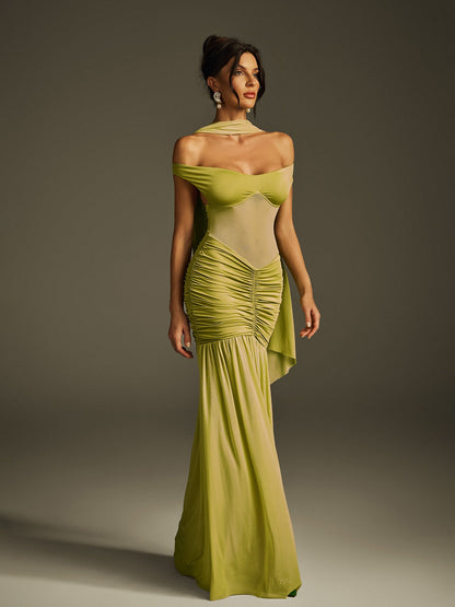 Off Shoulder Sweetheart Sheer Mesh Corset Panel Ruched Scarf High Slit Maxi Gown