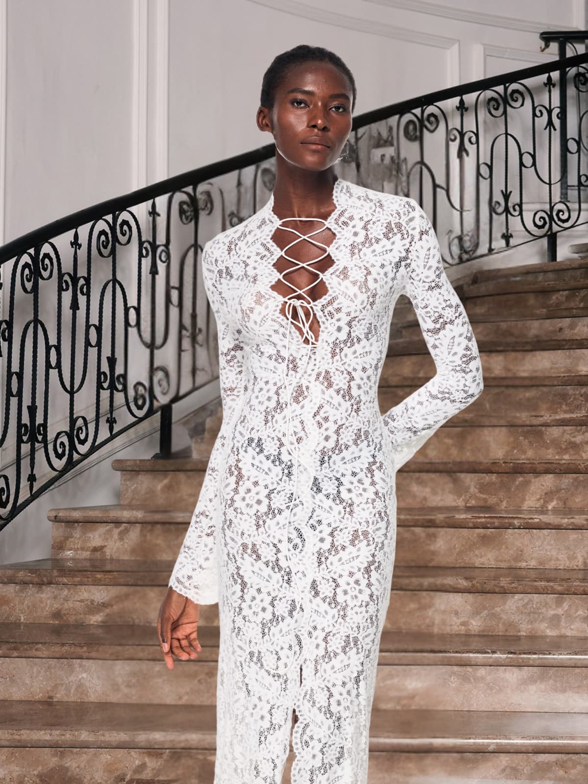 Stand Collar Lace Up Plunge Floral Lace Bell Sleeve Midi Dress
