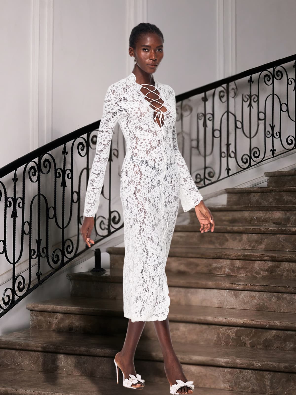 Stand Collar Lace Up Plunge Floral Lace Bell Sleeve Midi Dress