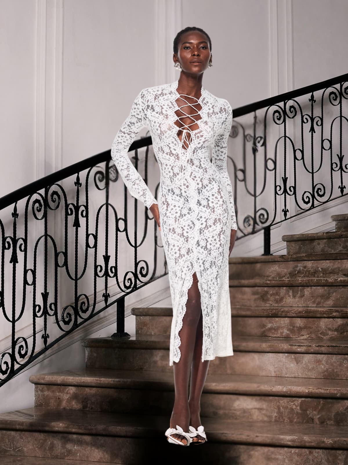 Stand Collar Lace Up Plunge Floral Lace Bell Sleeve Midi Dress