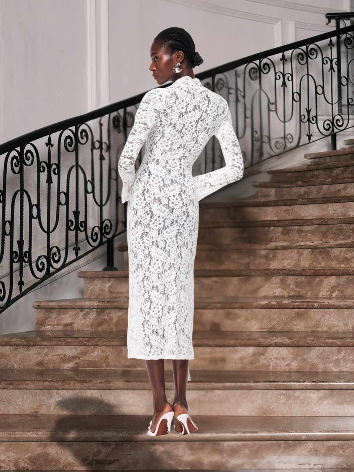 Stand Collar Lace Up Plunge Floral Lace Bell Sleeve Midi Dress
