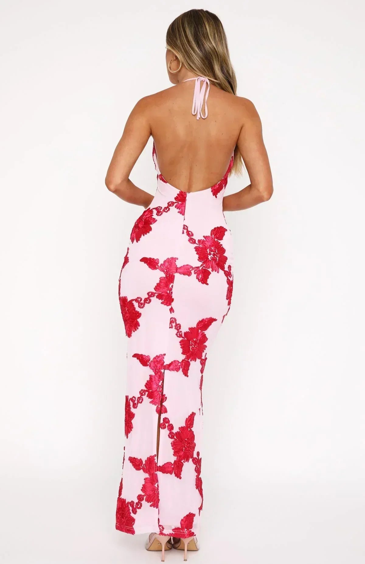 Halter Scoop Neck 3D Floral Applique Embroidered Bodycon Maxi Dress
