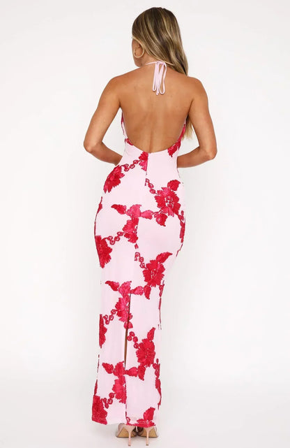 Halter Scoop Neck 3D Floral Applique Embroidered Bodycon Maxi Dress