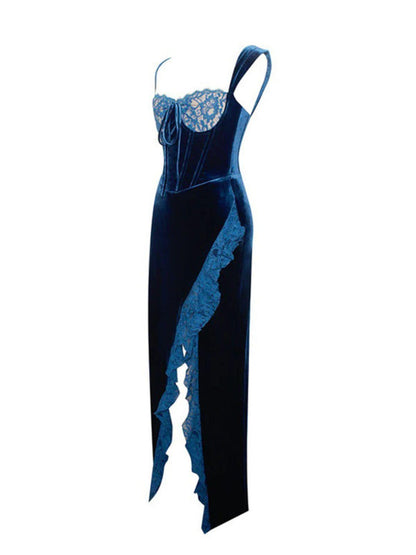 Sleeveless Corset Lace Panel Tie Front Lace Trim High Slit Velvet Maxi Dress