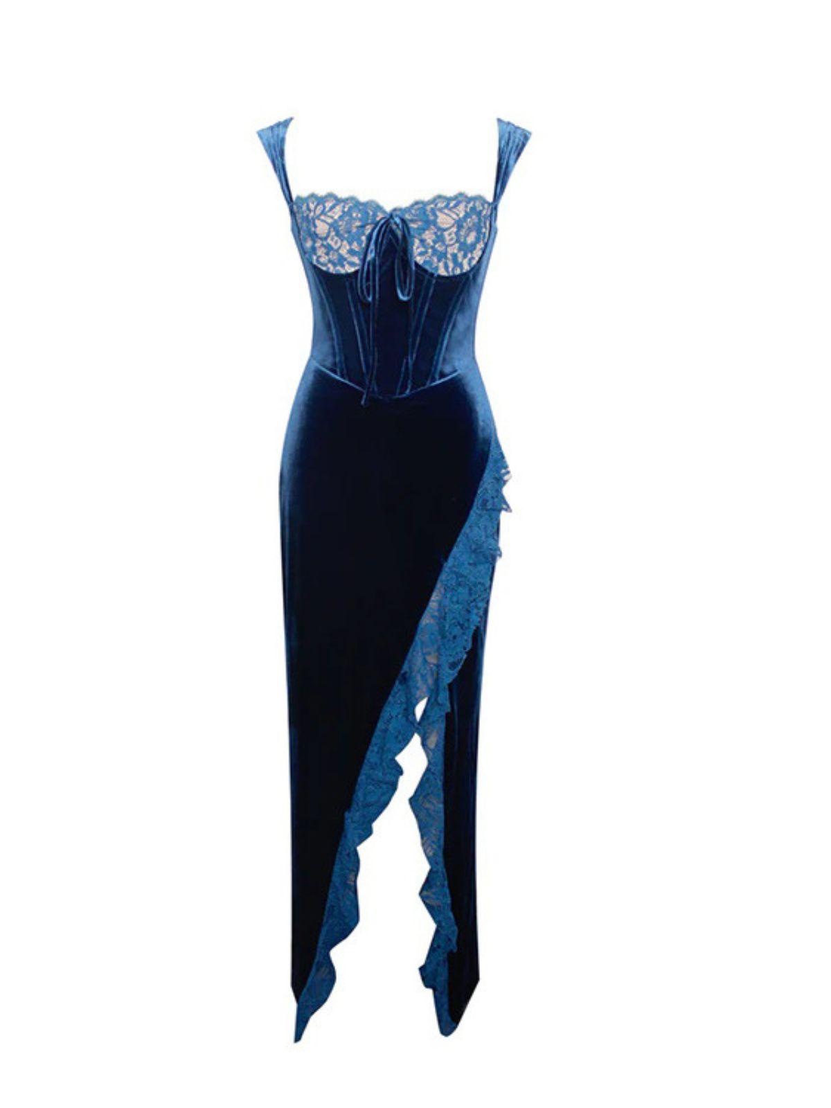 Sleeveless Corset Lace Panel Tie Front Lace Trim High Slit Velvet Maxi Dress