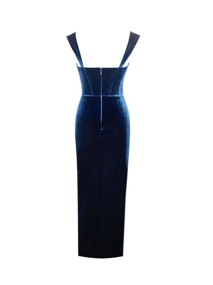Sleeveless Corset Lace Panel Tie Front Lace Trim High Slit Velvet Maxi Dress