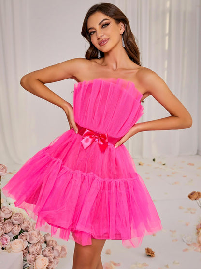 Strapless Sweetheart Mesh Overlay Bodycon Mini Dress
