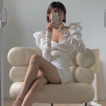 Wide Neck Criss Cross Cutout Ruched Sleeve Chain Lace Mini Dress