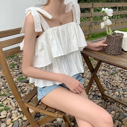 White Camisole Women Summer New Ruffles Sweet Slim Crop Top Sexy Students Clothes Fashion Casual All-match Camis Aesthetic Femme