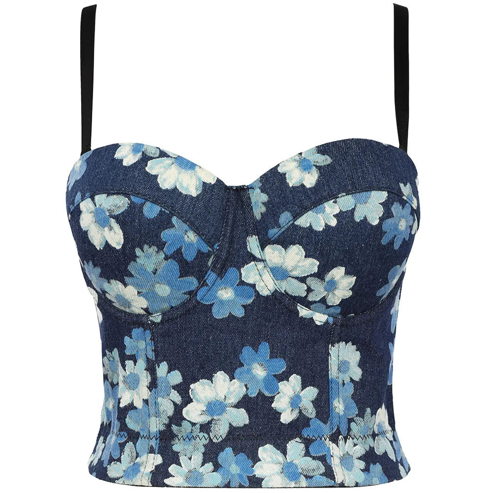 Backless Bandage Cropped Top for Women Chic Printing Denim Camisole Female Sexy Slim Tanks Tube Top Bustier Bra Brassiere