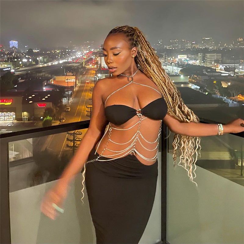 Halter Chain Ring Waist Chain Cutout Bandeau Maxi Dress