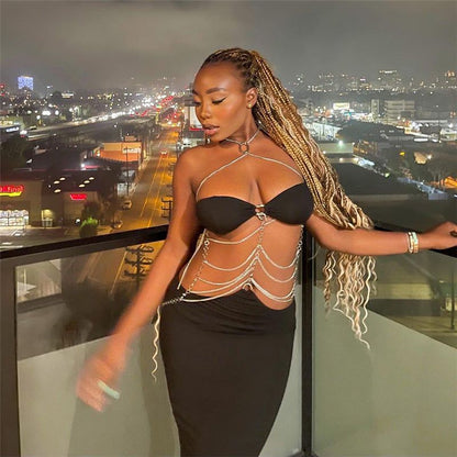 Halter Chain Ring Waist Chain Cutout Bandeau Maxi Dress