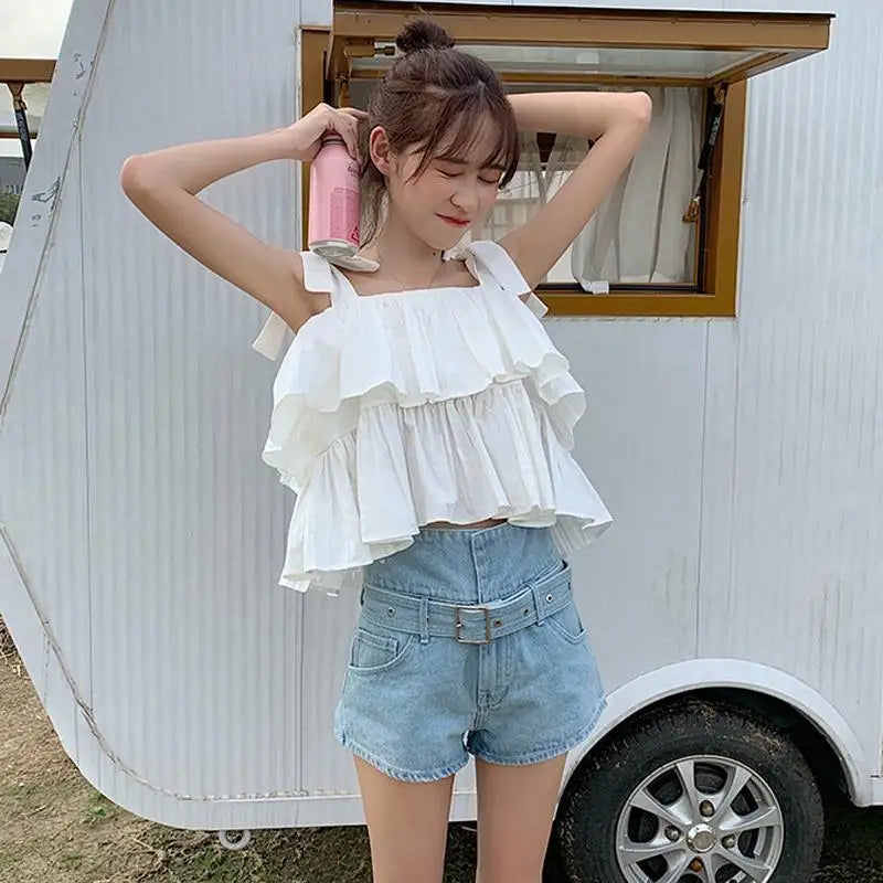White Camisole Women Summer New Ruffles Sweet Slim Crop Top Sexy Students Clothes Fashion Casual All-match Camis Aesthetic Femme