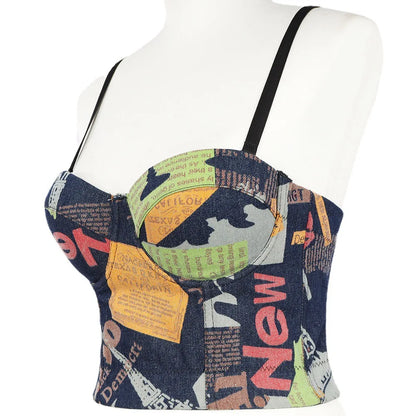 Backless Bandage Cropped Top for Women Chic Printing Denim Camisole Female Sexy Slim Tanks Tube Top Bustier Bra Brassiere