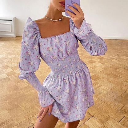 Square Neck Puff Sleeve Smocked Waist Floral Print A-Line Mini Dress
