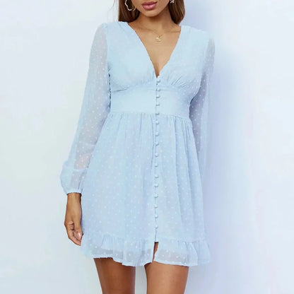 Blue Chiffon Dobby Mini Dress Vintage Button Front Autumn Holiday Women Dress V-neck Ruffle Sheer Sexy Ladies Dresses