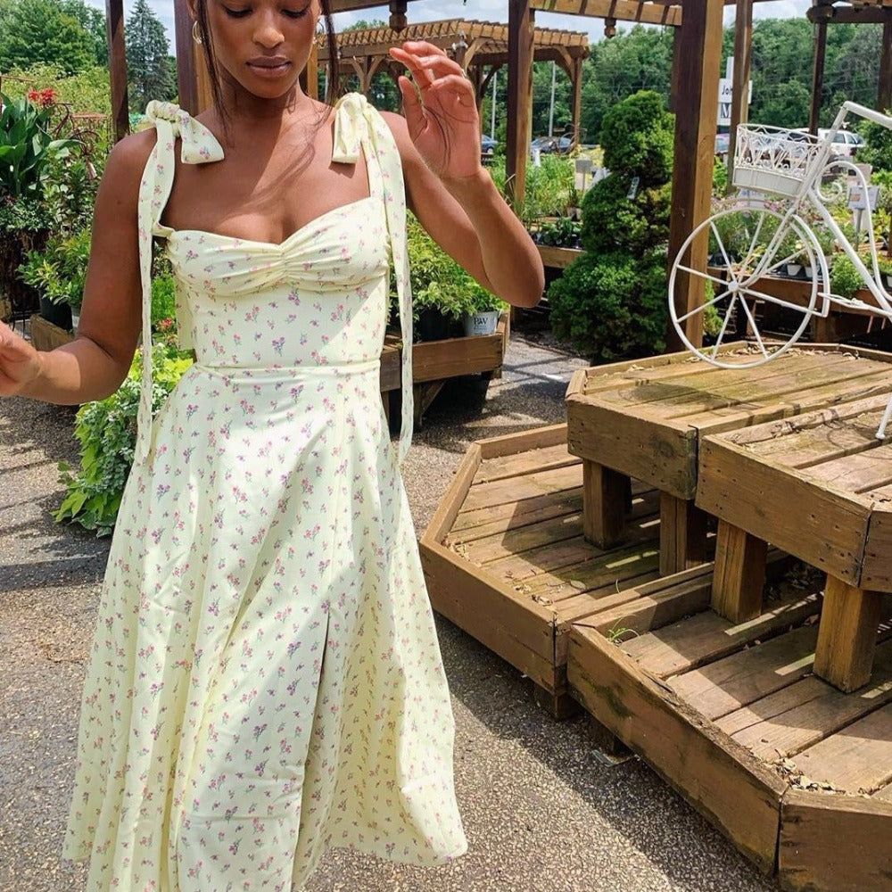 Sweetheart Tie Shoulder Ditsy Floral High Slit Maxi Dress