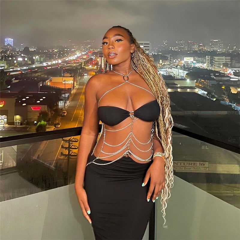 Halter Chain Ring Waist Chain Cutout Bandeau Maxi Dress
