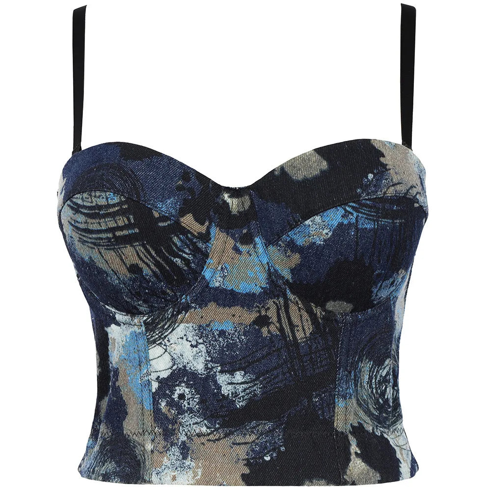 Backless Bandage Cropped Top for Women Chic Printing Denim Camisole Female Sexy Slim Tanks Tube Top Bustier Bra Brassiere