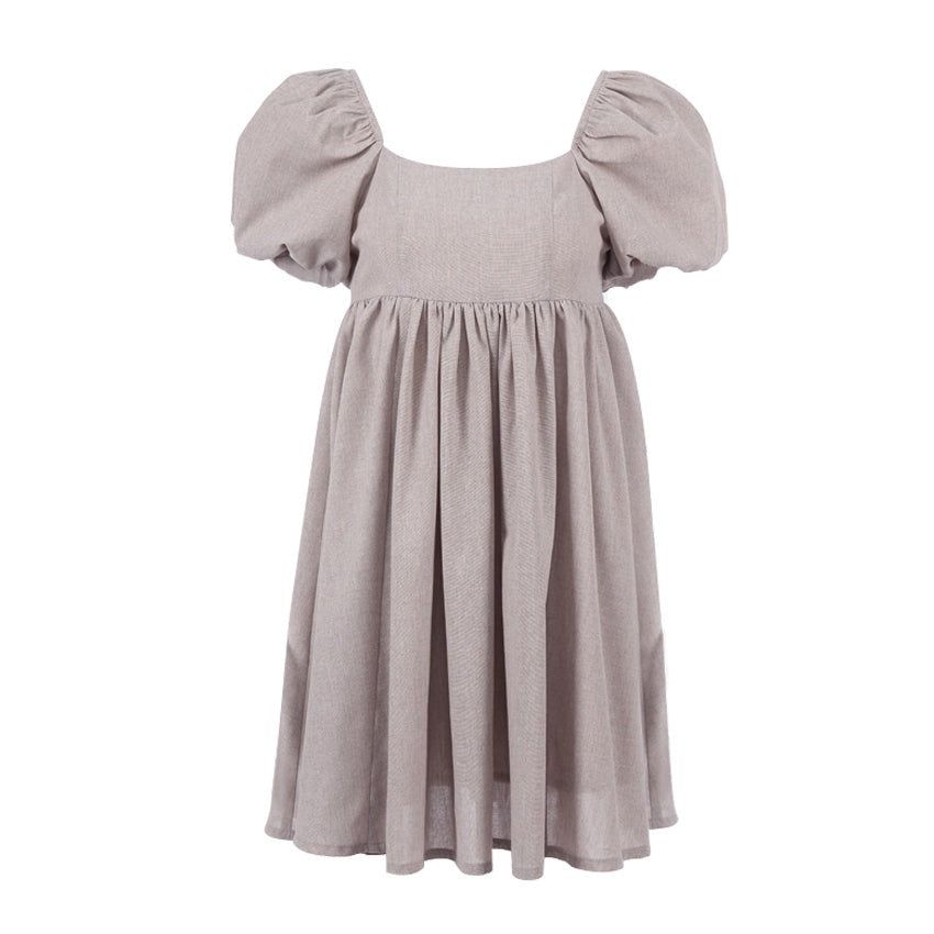 Square Neck Puff Cap Sleeve Empire Waist Linen Babydoll Mini Dress
