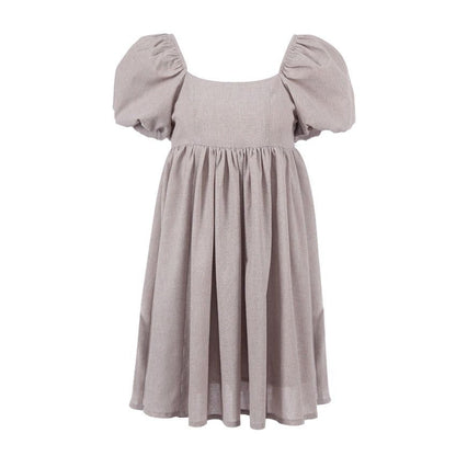 Square Neck Puff Cap Sleeve Empire Waist Linen Babydoll Mini Dress
