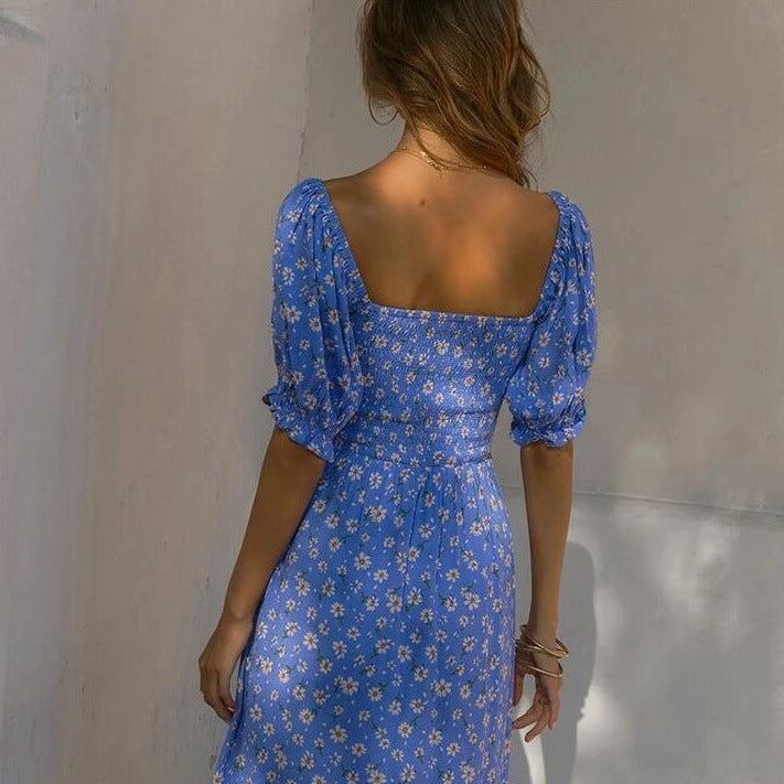 Floral Print Smocked Square Neck Puff Sleeve Side Slit Midi Dress