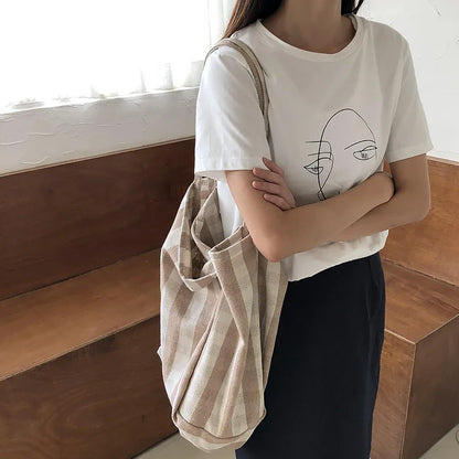Women Cotton Stripes Shoulder Bag Large Capacity Shoulder Bag Ladies Casual Shopping Handbag