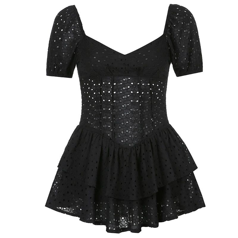 Sweetheart Neck Puff Sleeve Eyelet Lace Tiered Ruffle Mini Dress