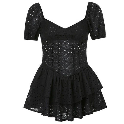 Sweetheart Neck Puff Sleeve Eyelet Lace Tiered Ruffle Mini Dress