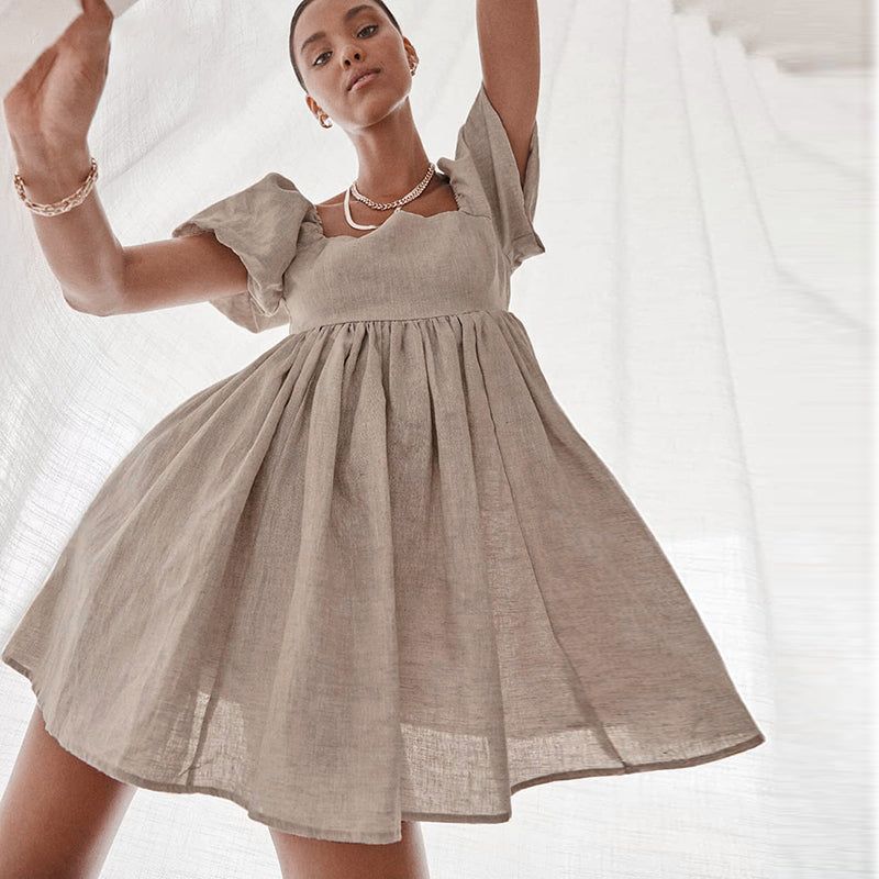 Square Neck Puff Cap Sleeve Empire Waist Linen Babydoll Mini Dress
