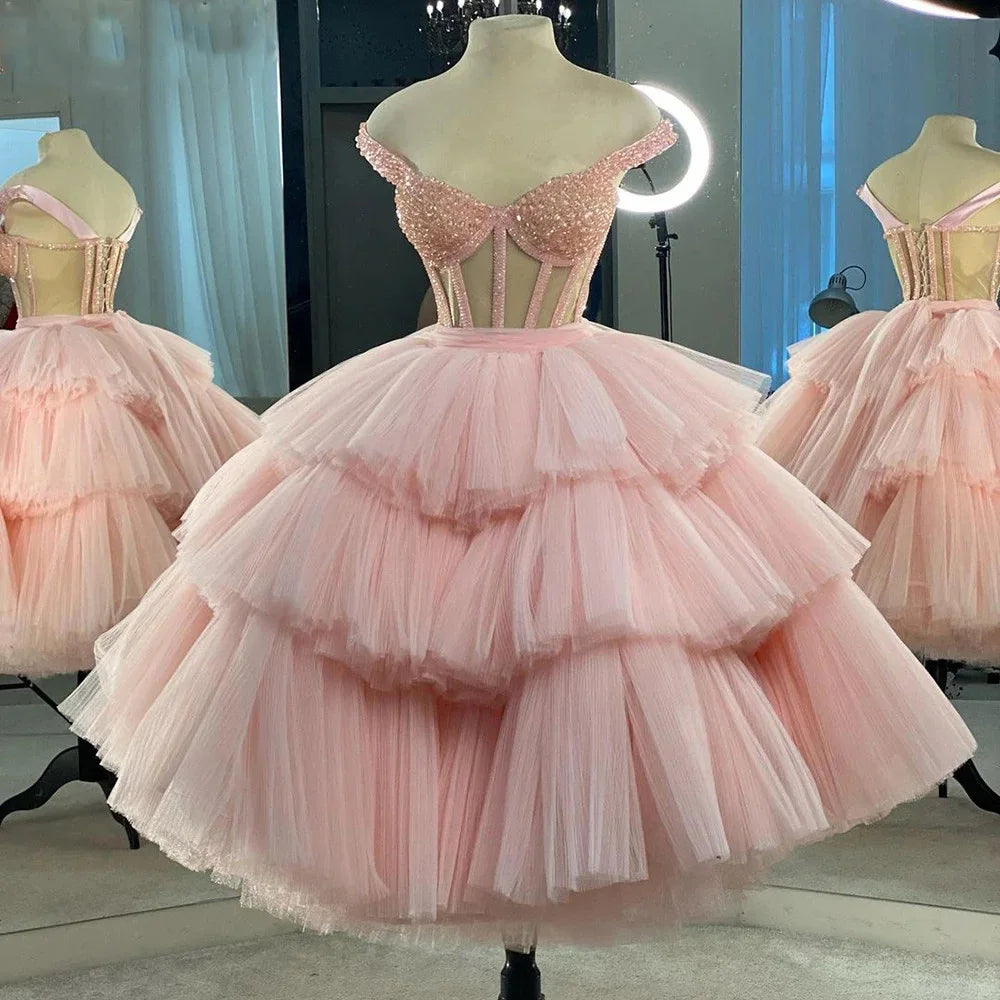 Charming Pink Short Prom Dresses Off The Shoulder See Through Tutu Skirt Layers Cocktail Party Dress Lace Up Back Evening Gowns
