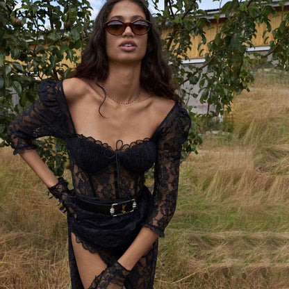 Sweetheart Puff Sleeve Floral Lace Corset Bodice High Slit Maxi Dress