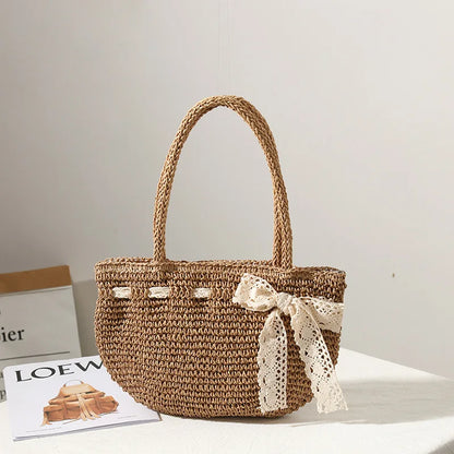 Bowknot woven bag female new shoulder portable hand-woven straw bag seaside vacation beach bag tide