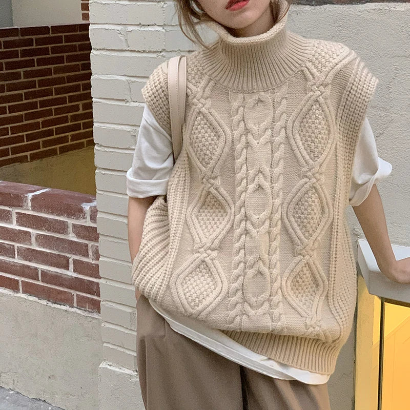 New Women Spring Autumn Turtleneck Twist Sleeveless Short Tank Sweater Jacket Beige Knitted Pullover Waistcoat Vest