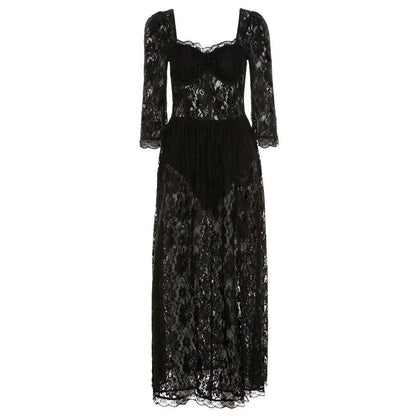 Square Neck Lace Up Corset Puff Sleeve High Slit Maxi Dress
