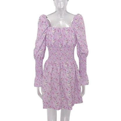 Square Neck Puff Sleeve Smocked Waist Floral Print A-Line Mini Dress