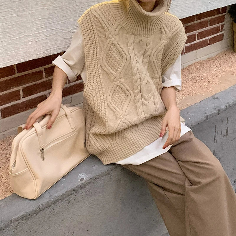 New Women Spring Autumn Turtleneck Twist Sleeveless Short Tank Sweater Jacket Beige Knitted Pullover Waistcoat Vest