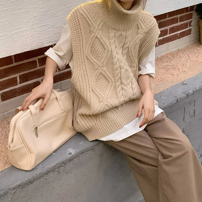 New Women Spring Autumn Turtleneck Twist Sleeveless Short Tank Sweater Jacket Beige Knitted Pullover Waistcoat Vest