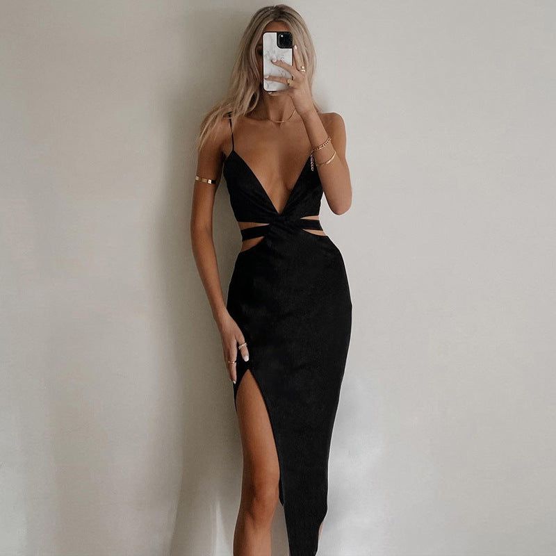 Deep V Spaghetti Strap Waist Cutout Twist Knot Side Slit Midi Dress