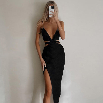 Deep V Spaghetti Strap Waist Cutout Twist Knot Side Slit Midi Dress