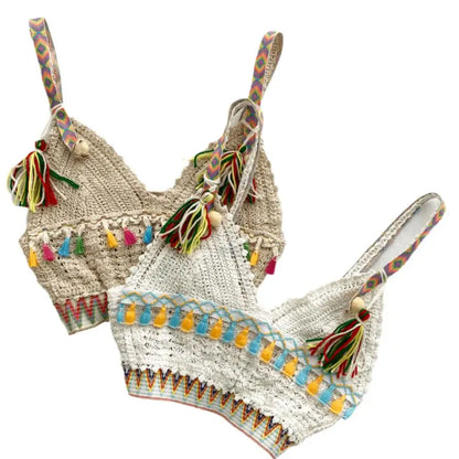 Ins vacation tassel camisole crochet female fashion wear wild short Summer Basic Tops Halter Bikini Hollow Knit Top