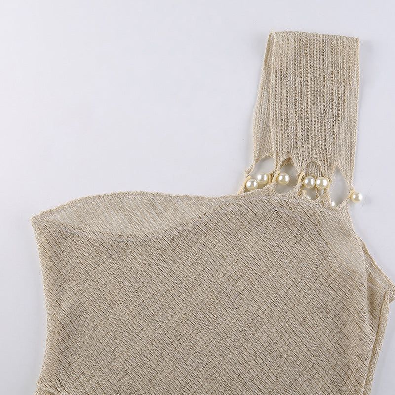 One Shoulder Ribbed Grommet Strap Wavy Seam Lettuce Edge Midi Dress