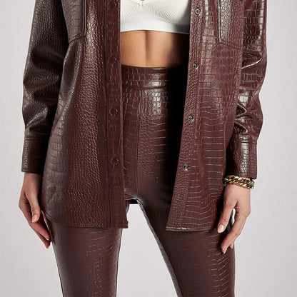 PU Leather Trousers Women Vintage Crocodile Pattern High Waist Slim Temperament Pencil Pants Hem Split Office Lady Bodycon Pants