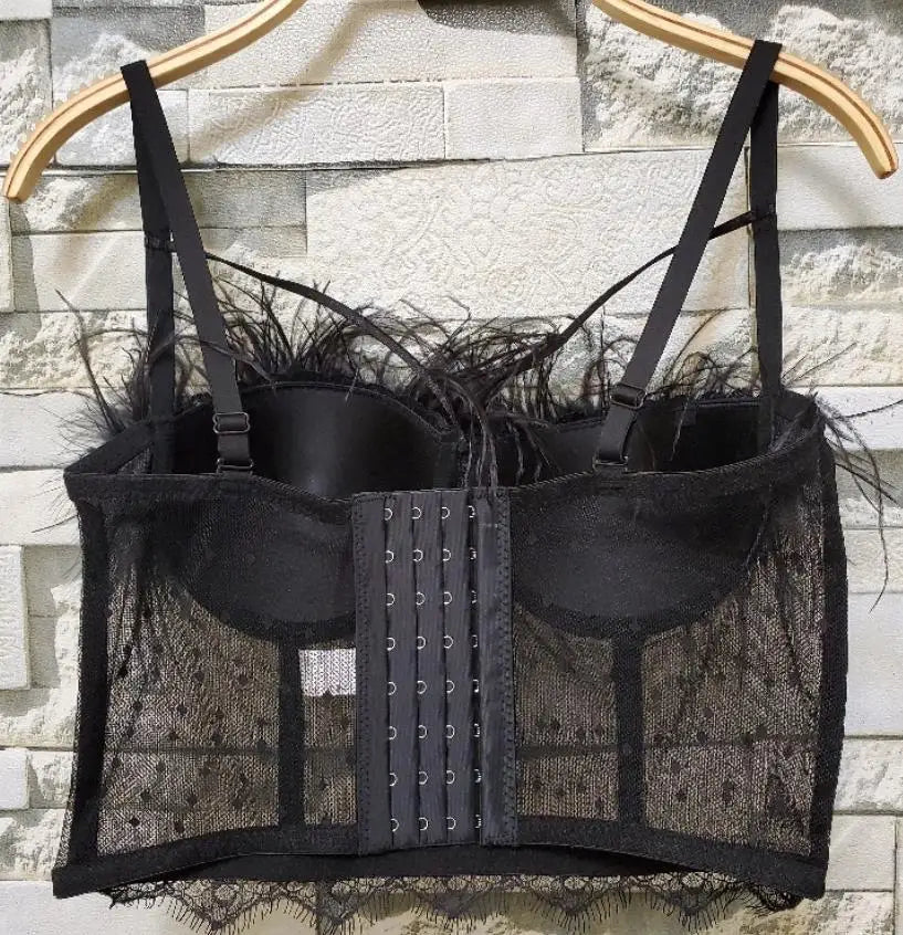 Summer New Women Mesh Lace Feather Camisole Bustier Bra Cropped Tops Beading Fishnet Hot Diamond Sexy Sleeveless Vest Slim
