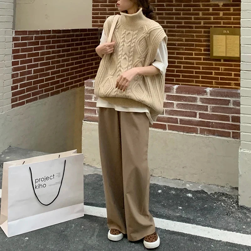 New Women Spring Autumn Turtleneck Twist Sleeveless Short Tank Sweater Jacket Beige Knitted Pullover Waistcoat Vest