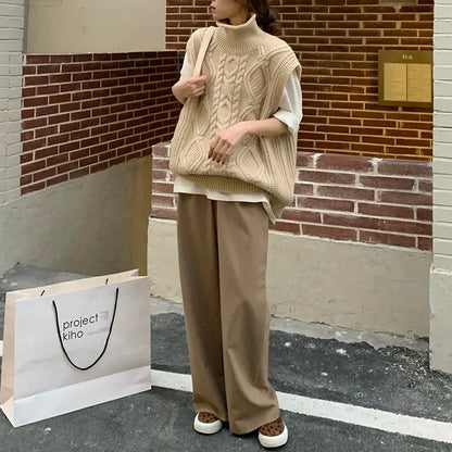 New Women Spring Autumn Turtleneck Twist Sleeveless Short Tank Sweater Jacket Beige Knitted Pullover Waistcoat Vest
