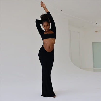 Long Sleeve Deep Square Neck Cutout Waist Fitted Maxi Dress