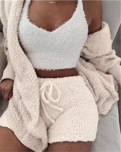 Sexy Fluffy Autumn Piece Sweatshirt Backless Plush Home Sports Women Pyjamas Wear Winter Fleece Outfits Sets 3 Casual Tracksuit