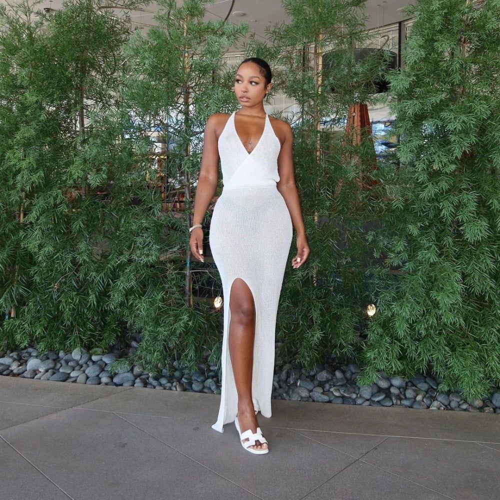 Crochet Mesh Deep V Neck Tank High Slit Cover Up Maxi Dress